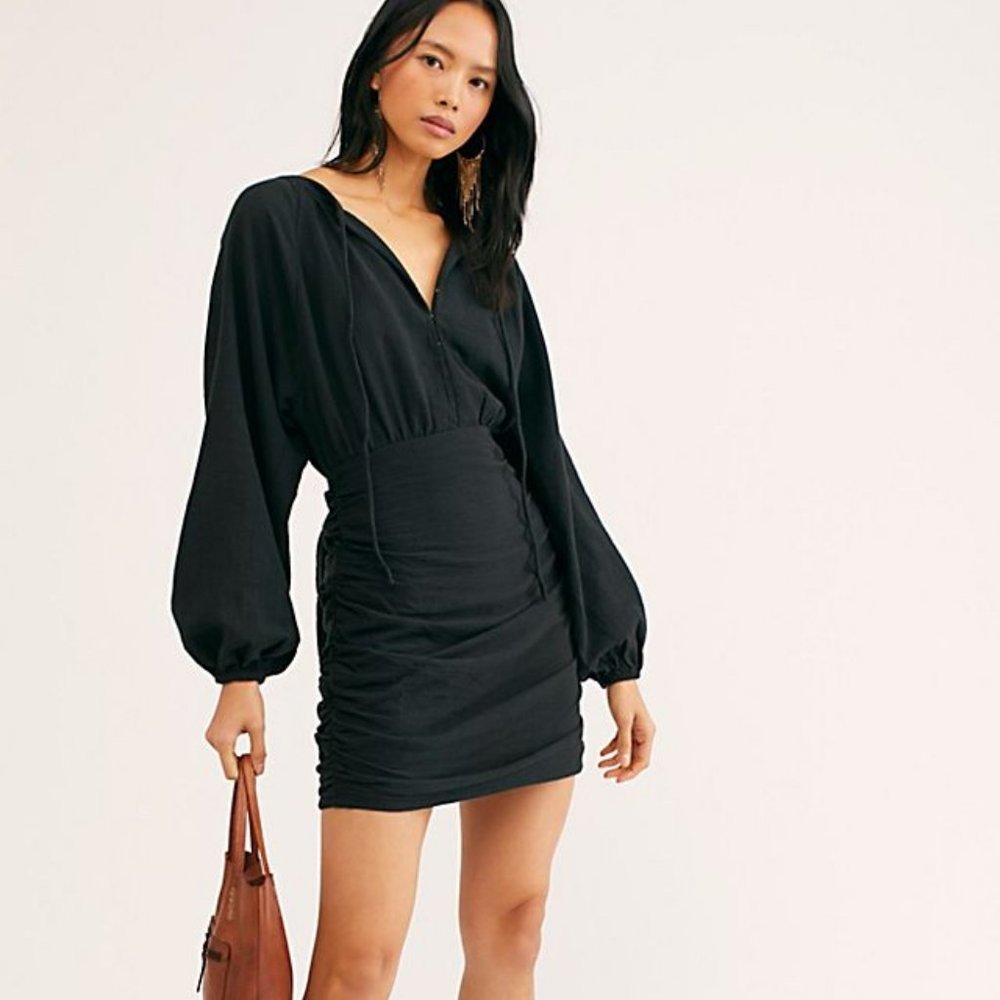 Free People The Only One Mini Dress Ruched V-Neck Back Waist Tie Black Small New